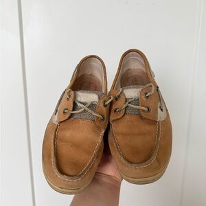 Sperry Tan Leather Boat Shoes with Gray Accents
